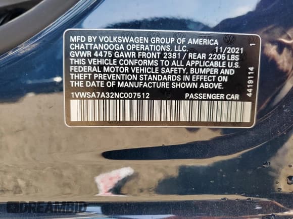 ✅ 2022 Volkswagen Passat SE • VIN: 1VWSA7A32NC007512 • Lot: 80499355. Wystawiony na Copart z przebiegiem 98 211 mil. Bezpłatny archiwum sprzedaży aukcyjnych z USA i szczegółowy raport historii pojazdu na DreamBid. Zdjęcie 12.