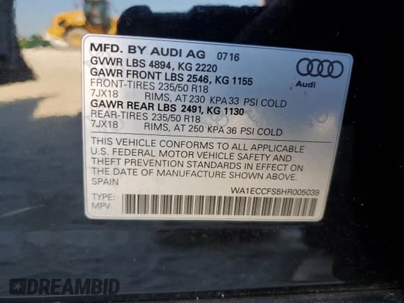 ✅ 2017 Audi Q3 Premium • VIN: WA1ECCFS5HR005039 • Lot: 94147075. Listed on Copart with 101,638 mi. Free auction sales archive from the USA and detailed vehicle history report at DreamBid. Image 13.