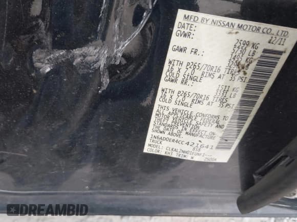 ✅ 2012 Nissan Frontier SV • VIN: 1N6AD0ER4CC421641 • Lot: 41849471. Listed on IAAI with Not provided. Free auction sales archive from the USA and detailed vehicle history report at DreamBid. Image 9.