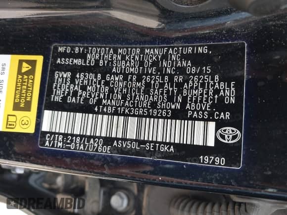 2016 Toyota Camry XLE with VIN 4T4BF1FK3GR519263, listed as a IAAI auction lot 42759525 with 146,157 mi miles and . Bid and sale history available at DreamBid. Image 9.