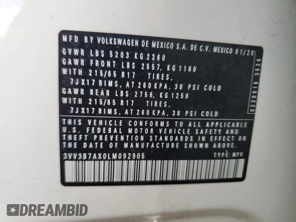 ✅ 2020 Volkswagen Tiguan SE • VIN: 3VV3B7AX0LM092905 • Lot: 81529105. Wystawiony na Copart z przebiegiem 60 130 mil. Bezpłatny archiwum sprzedaży aukcyjnych z USA i szczegółowy raport historii pojazdu na DreamBid. Zdjęcie 14.