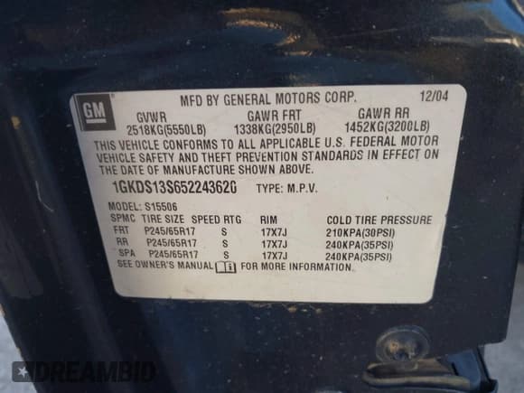 ✅ 2005 GMC Envoy SLE • VIN: 1GKDS13S652243620 • Lot: 43790972. Listed on IAAI with 301,454 mi. Free auction sales archive from the USA and detailed vehicle history report at DreamBid. Image 9.