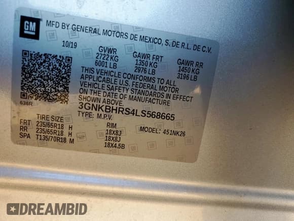 ✅ 2020 Chevrolet Blazer LT • VIN: 3GNKBHRS4LS568665 • Lot: 81591995. Listed on Copart with 117,487 mi. Free auction sales archive from the USA and detailed vehicle history report at DreamBid. Image 13.