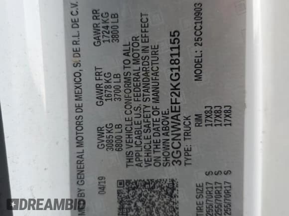 ✅ 2019 Chevrolet Silverado 1500 Work Truck • VIN: 3GCNWAEF2KG181155 • Lot: 79665624. Wystawiony na Copart z przebiegiem 163 517 mil. Bezpłatny archiwum sprzedaży aukcyjnych z USA i szczegółowy raport historii pojazdu na DreamBid. Zdjęcie 12.