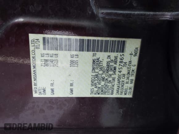 ✅ 2014 Nissan Maxima SV • VIN: 1N4AA5AP0EC457865 • Lot: 43876116. Listed on IAAI with 178,391 mi. Free auction sales archive from the USA and detailed vehicle history report at DreamBid. Image 9.