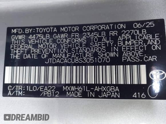 2025 Toyota Prius SE с VIN JTDACACU8S3051070, выставлен на аукционе IAAI как лот 42734880 с пробегом 221 миль миль и . История ставок и продаж доступна на DreamBid. Изображение 9.