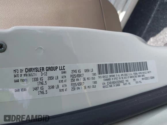 ✅ 2012 Volkswagen Routan SE • VIN: 2C4RVABG4CR294022 • Lot: 42535815. Listed on IAAI with 129,495 mi. Free auction sales archive from the USA and detailed vehicle history report at DreamBid. Image 9.