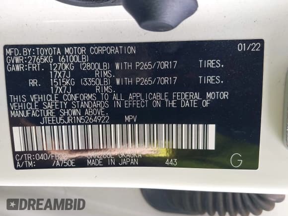 ✅ 2022 Toyota 4Runner SR5 • VIN: JTEEU5JR1N5264922 • Lot: 43354766. Listed on IAAI with 80,205 mi. Free auction sales archive from the USA and detailed vehicle history report at DreamBid. Image 9.