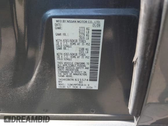 ✅ 2009 Nissan Pathfinder SE • VIN: 5N1AR18B39C615574 • Lot: 42802230. Listed on IAAI with 119,025 mi. Free auction sales archive from the USA and detailed vehicle history report at DreamBid. Image 9.