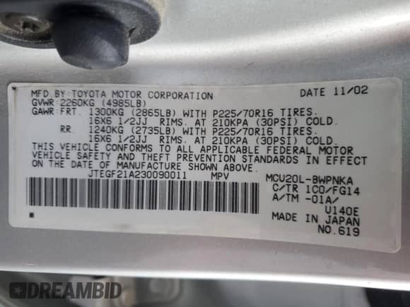 2003 Toyota Highlander with VIN JTEGF21A230090011, listed as a Copart auction lot 70031145 with 183,642 mi miles and Salvage title. Bid and sale history available at DreamBid. Image 14.