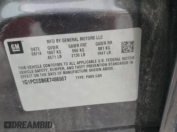 ✅ 2014 Chevrolet Cruze 1LT • VIN: 1G1PC5SB6E7486967 • Лот: 85517015. Опубликован ранее на Copart с пробегом 67 797 миль. Бесплатный доступ к архиву аукционных продаж из США и подробный отчёт об истории автомобиля на DreamBid. Изображение 12.