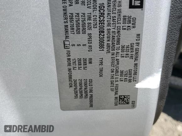 ✅ 2011 Chevrolet Silverado 1500 LT • VIN: 1GCRCSE00BZ306861 • Lot: 61532834. Listed on Copart with 347,658 mi. Free auction sales archive from the USA and detailed vehicle history report at DreamBid. Image 12.