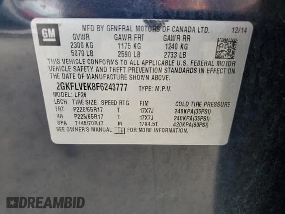 ✅ 2015 GMC Terrain SLE • VIN: 2GKFLVEK8F6243777 • Lot: 85473905. Listed on Copart with 79,598 mi. Free auction sales archive from the USA and detailed vehicle history report at DreamBid. Image 13.