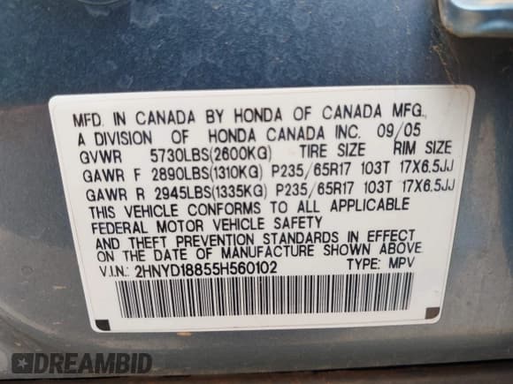 ✅ 2005 Acura MDX Touring • VIN: 2HNYD18855H560102 • Lot: 42996873. Listed on IAAI with 174,375 mi. Free auction sales archive from the USA and detailed vehicle history report at DreamBid. Image 9.