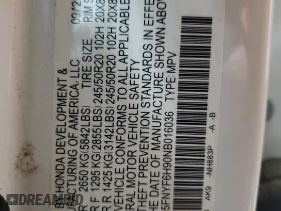 ✅ 2022 Honda Pilot Touring 8-Passenger • VIN: 5FNYF6H90NB016036 • Лот: 61745665. Опубликован ранее на Copart с пробегом 66 718 миль. Бесплатный доступ к архиву аукционных продаж из США и подробный отчёт об истории автомобиля на DreamBid. Изображение 14.