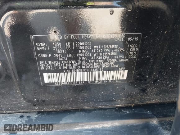 ✅ 2015 Subaru Outback Limited • VIN: 4S4BSENC9F3335182 • Lot: 43206576. Listed on IAAI with 118,463 mi. Free auction sales archive from the USA and detailed vehicle history report at DreamBid. Image 9.