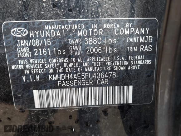 ✅ 2015 Hyundai Elantra SE • VIN: KMHDH4AE5FU436478 • Lot: 43263779. Listed on IAAI with 99,325 mi. Free auction sales archive from the USA and detailed vehicle history report at DreamBid. Image 9.