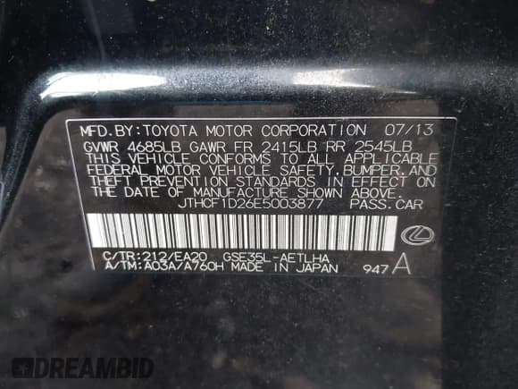 ✅ 2014 Lexus IS 250 • VIN: JTHCF1D26E5003877 • Lot: 43463768. Listed on IAAI with 156,190 mi. Free auction sales archive from the USA and detailed vehicle history report at DreamBid. Image 9.