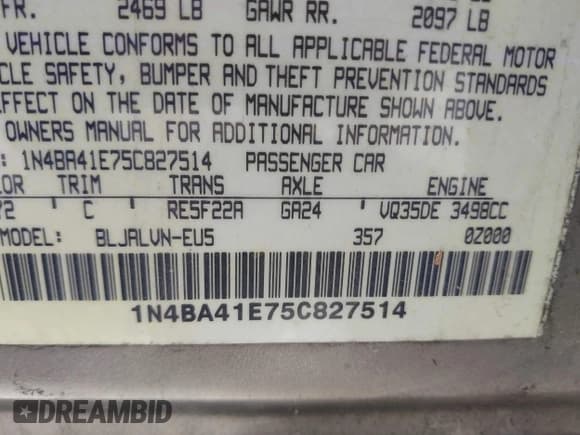 ✅ 2005 Nissan Maxima SL • VIN: 1N4BA41E75C827514 • Lot: 42278792. Wystawiony na IAAI z przebiegiem 211 365 mil. Bezpłatny archiwum sprzedaży aukcyjnych z USA i szczegółowy raport historii pojazdu na DreamBid. Zdjęcie 9.