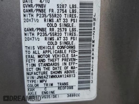 ✅ 2010 Nissan Murano LE • VIN: JN8AZ1MWXAW124813 • Lot: 82744485. Listed on Copart with 202,674 mi. Free auction sales archive from the USA and detailed vehicle history report at DreamBid. Image 13.