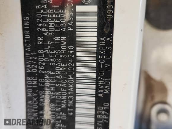 2021 Toyota Camry Hybrid XSE z VIN 4T1K31AK0MU024248, wystawiony jako Copart lot #90317655 z przebiegiem Nie podano mil oraz Nie do naprawy • Non repairable. Historia ofert i sprzedaży dostępna na DreamBid. Obrazek 12.