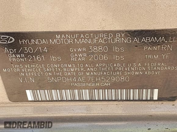 ✅ 2014 Hyundai Elantra SE • VIN: 5NPDH4AE7EH529080 • Lot: 43481435. Listed on IAAI with 82,732 mi. Free auction sales archive from the USA and detailed vehicle history report at DreamBid. Image 9.