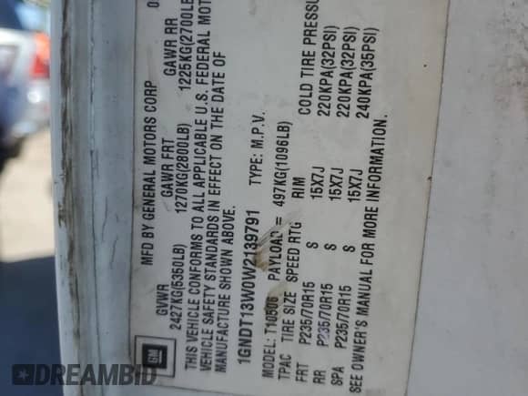 1998 Chevrolet Blazer LT с VIN 1GNDT13W0W2139791, выставлен на аукционе Copart как лот 82224464 с пробегом 171 508 миль миль и На запчасти • Non repairable. История ставок и продаж доступна на DreamBid. Изображение 13.