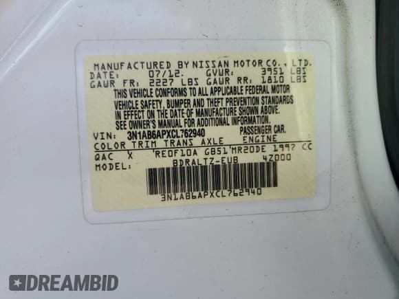 ✅ 2012 Nissan Sentra SL • VIN: 3N1AB6APXCL762940 • Лот: 85312744. Опубликован ранее на Copart с пробегом Не указан. Бесплатный доступ к архиву аукционных продаж из США и подробный отчёт об истории автомобиля на DreamBid. Изображение 12.