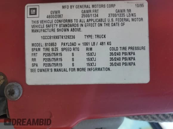 ✅ 1996 Chevrolet S-10 LS • VIN: 1GCCS19X6TK129236 • Лот: 67367534. Опубликован ранее на Copart с пробегом 222 847 миль. Бесплатный доступ к архиву аукционных продаж из США и подробный отчёт об истории автомобиля на DreamBid. Изображение 15.