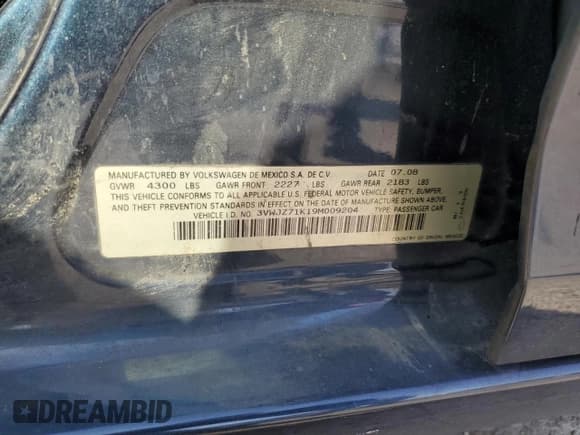 ✅ 2009 Volkswagen Jetta S • VIN: 3VWJZ71K19M009204 • Lot: 59012365. Listed on Copart with 151,711 mi. Free auction sales archive from the USA and detailed vehicle history report at DreamBid. Image 12.