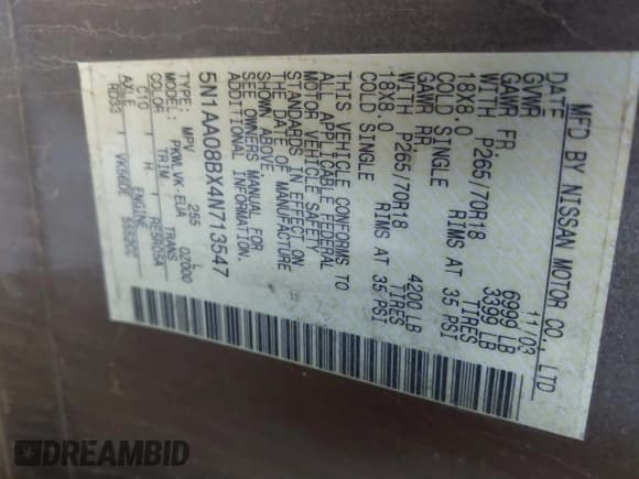 ✅ 2004 Nissan Armada LE • VIN: 5N1AA08BX4N713547 • Лот: 41515802. Опубликован ранее на IAAI с пробегом 139 646 миль. Бесплатный доступ к архиву аукционных продаж из США и подробный отчёт об истории автомобиля на DreamBid. Изображение 9.