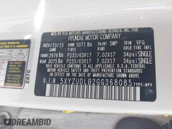 2016 Hyundai Santa Fe с VIN 5XYZUDLB2GG368085, выставлен на аукционе IAAI как лот 43321413 с пробегом 168 280 миль миль и . История ставок и продаж доступна на DreamBid. Изображение 9.