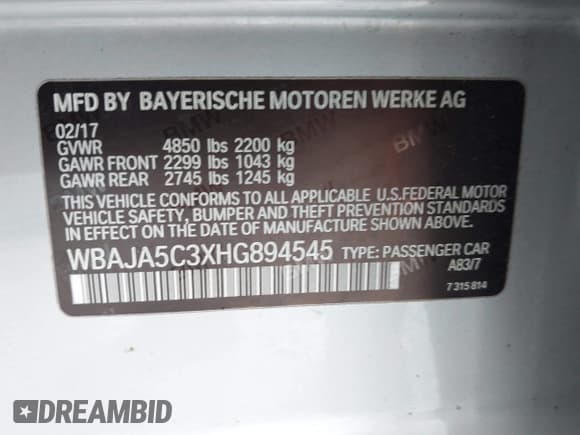 ✅ 2017 BMW 5 Series 530i • VIN: WBAJA5C3XHG894545 • Lot: 42593166. Listed on IAAI with 105,129 mi. Free auction sales archive from the USA and detailed vehicle history report at DreamBid. Image 9.