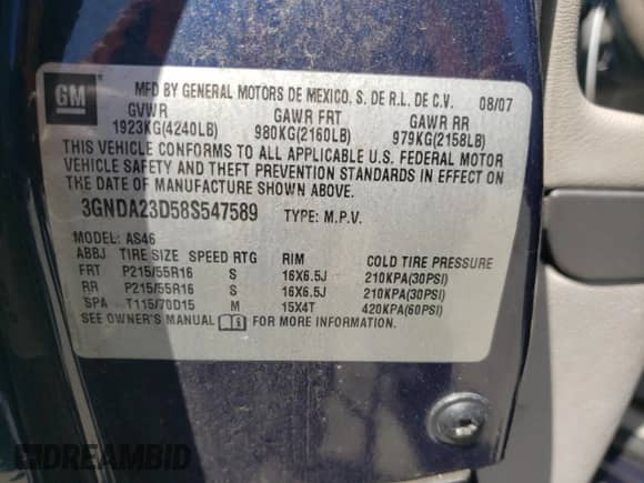 2008 Chevrolet HHR LT с VIN 3GNDA23D58S547589, выставлен на аукционе Copart как лот 56815414 с пробегом 108 549 миль миль и Списание • Salvage title. История ставок и продаж доступна на DreamBid. Изображение 14.