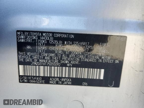 ✅ 2007 Toyota RAV4 Limited • VIN: JTMZD31V175055092 • Lot: 84256355. Listed on Copart with 189,042 mi. Free auction sales archive from the USA and detailed vehicle history report at DreamBid. Image 12.