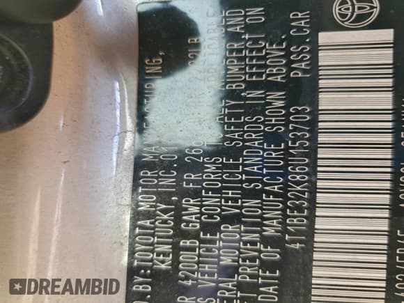 ✅ 2006 Toyota Camry LE • VIN: 4T1BE32K86U153703 • Lot: 84073245. Listed on Copart with Not provided. Free auction sales archive from the USA and detailed vehicle history report at DreamBid. Image 14.