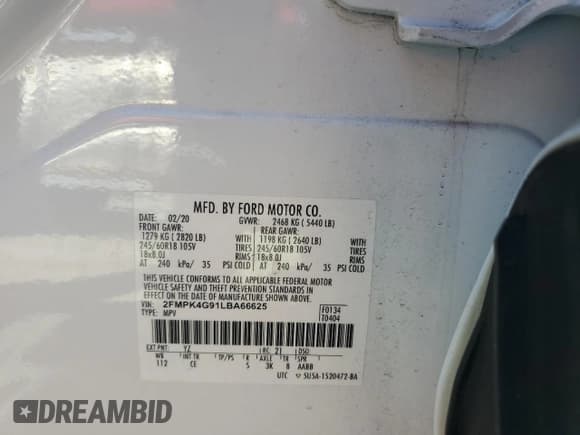 ✅ 2020 Ford Edge SE • VIN: 2FMPK4G91LBA66625 • Лот: 86071415. Опубликован ранее на Copart с пробегом 51 579 миль. Бесплатный доступ к архиву аукционных продаж из США и подробный отчёт об истории автомобиля на DreamBid. Изображение 13.