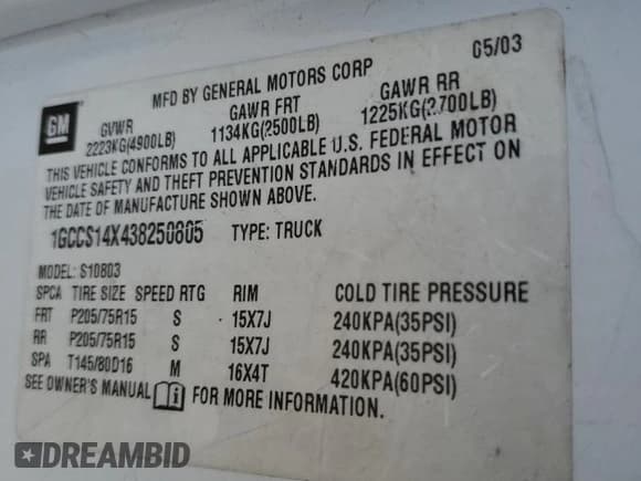 ✅ 2003 Chevrolet S-10 Work Truck • VIN: 1GCCS14X438250805 • Лот: 48951215. Опубликован ранее на Copart с пробегом 251 450 миль. Бесплатный доступ к архиву аукционных продаж из США и подробный отчёт об истории автомобиля на DreamBid. Изображение 12.