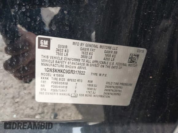 ✅ 2016 Chevrolet Suburban LT • VIN: 1GNSKHKC9GR317622 • Lot: 43579400. Wystawiony na IAAI z przebiegiem 92 808 mil. Bezpłatny archiwum sprzedaży aukcyjnych z USA i szczegółowy raport historii pojazdu na DreamBid. Zdjęcie 9.