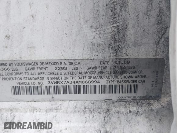 ✅ 2010 Volkswagen Jetta SE • VIN: 3VWRX7AJ4AM068994 • Lot: 42707911. Listed on IAAI with 195,554 mi. Free auction sales archive from the USA and detailed vehicle history report at DreamBid. Image 9.