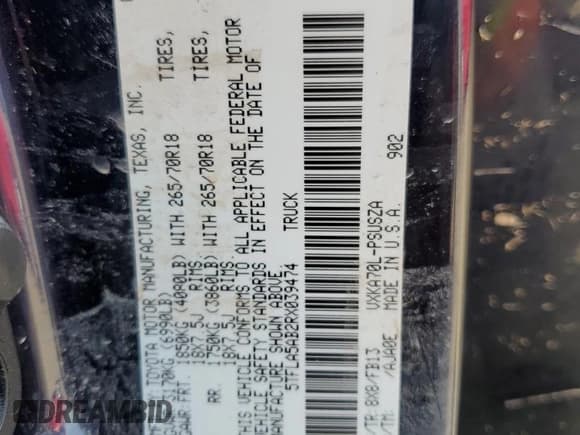 ✅ 2024 Toyota Tundra SR5 • VIN: 5TFLA5AB2RX039474 • Lot: 51297275. Wystawiony na Copart z przebiegiem 5 745 mil. Bezpłatny archiwum sprzedaży aukcyjnych z USA i szczegółowy raport historii pojazdu na DreamBid. Zdjęcie 12.