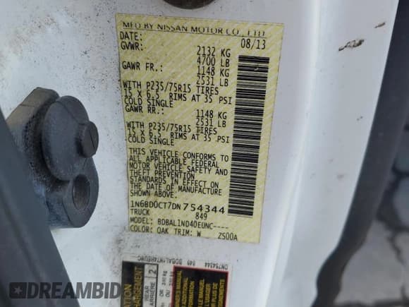✅ 2013 Nissan Frontier S • VIN: 1N6BD0CT7DN754344 • Lot: 71319065. Wystawiony na Copart z przebiegiem 81 050 mil. Bezpłatny archiwum sprzedaży aukcyjnych z USA i szczegółowy raport historii pojazdu na DreamBid. Zdjęcie 12.