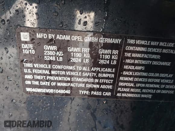 ✅ 2011 Buick Regal CXL Turbo TO2 • VIN: W04GW5EV0B1048040 • Lot: 42214095. Listed on IAAI with 189,618 mi. Free auction sales archive from the USA and detailed vehicle history report at DreamBid. Image 9.