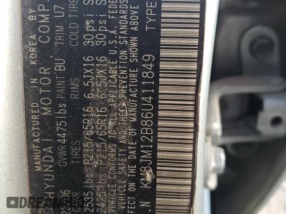 2006 Hyundai Tucson GL with VIN KM8JM12B86U411849, listed as a Copart auction lot 69301264 with 125,056 mi miles and Salvage title. Bid and sale history available at DreamBid. Image 13.