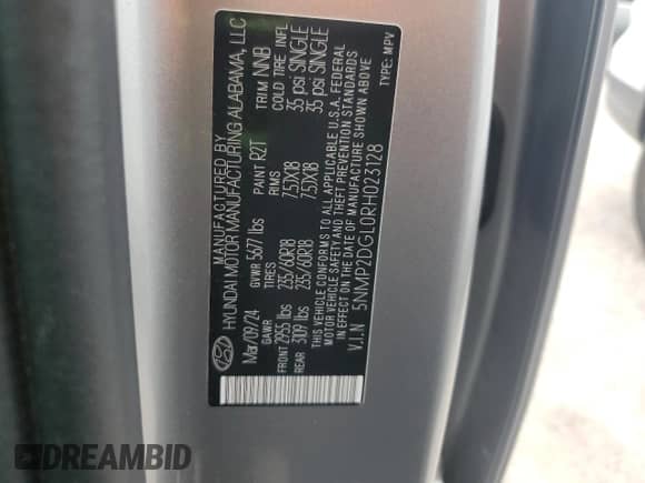 2024 Hyundai Santa Fe SEL с VIN 5NMP2DGL0RH023128, выставлен на аукционе Copart как лот 51104345 с пробегом 29 892 миль миль и Чистый • Clean title. История ставок и продаж доступна на DreamBid. Изображение 13.