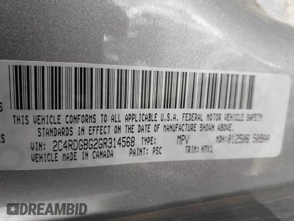 2016 Dodge Grand Caravan American Value with VIN 2C4RDGBG2GR314568, listed as a IAAI auction lot 43485561 with 145,977 mi miles and . Bid and sale history available at DreamBid. Image 9.