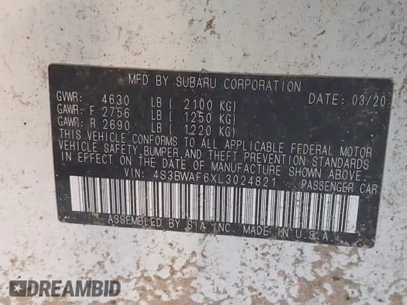 ✅ 2020 Subaru Legacy Special Sports • VIN: 4S3BWAF6XL3024821 • Лот: 43441119. Опубликован ранее на IAAI с пробегом Не указан. Бесплатный доступ к архиву аукционных продаж из США и подробный отчёт об истории автомобиля на DreamBid. Изображение 9.