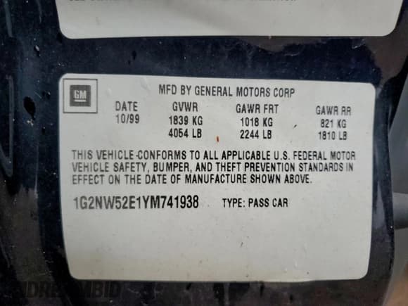 ✅ 2000 Pontiac Grand Am GT • VIN: 1G2NW52E1YM741938 • Лот: 94465585. Опубликован ранее на Copart с пробегом 152 678 миль. Бесплатный доступ к архиву аукционных продаж из США и подробный отчёт об истории автомобиля на DreamBid. Изображение 12.