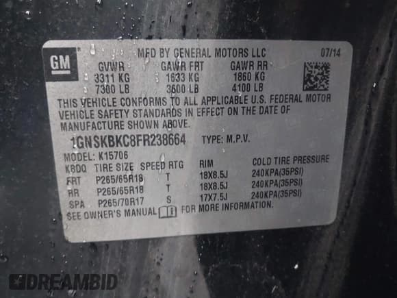 ✅ 2015 Chevrolet Tahoe LT • VIN: 1GNSKBKC8FR238664 • Lot: 43752439. Listed on IAAI with Not provided. Free auction sales archive from the USA and detailed vehicle history report at DreamBid. Image 9.