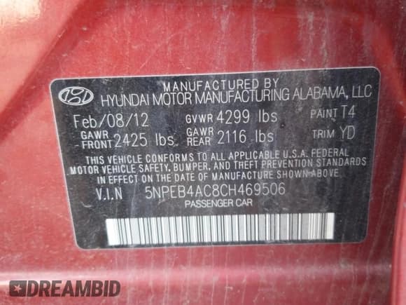 ✅ 2012 Hyundai Sonata GLS • VIN: 5NPEB4AC8CH469506 • Lot: 73128274. Listed on Copart with Not provided. Free auction sales archive from the USA and detailed vehicle history report at DreamBid. Image 12.